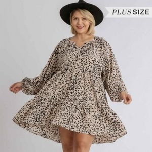 Umgee Long Sleeve Tiered Animal Print Babydoll Dress 1X